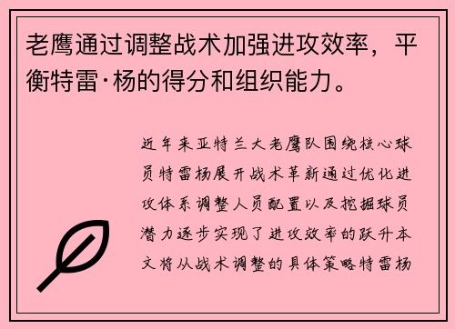 老鹰通过调整战术加强进攻效率，平衡特雷·杨的得分和组织能力。