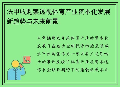 法甲收购案透视体育产业资本化发展新趋势与未来前景