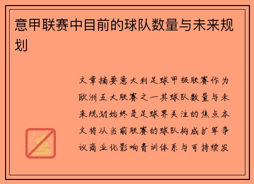 意甲联赛中目前的球队数量与未来规划